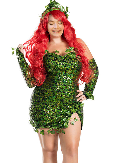 Women Green Poison Ivy Halloween Cosplay Costume Party Deluxe Sleeveless Fake Leaves Strapless Sequin Mini Dress with Gloves Set