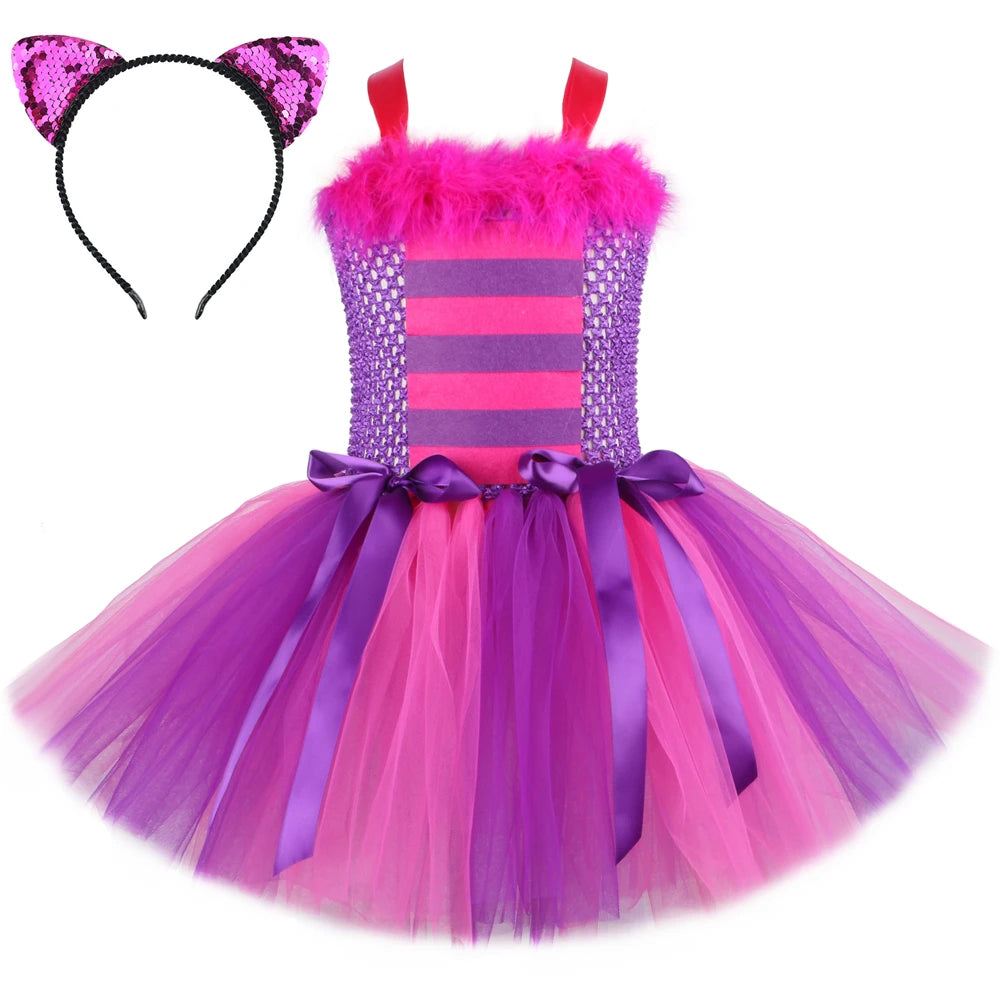 Cheshire Cat Tutu Dress Girls Halloween Carnival Party Clothes Wonderland Alice Cat Costume Kids Fancy Fairy Tale Princess Dress