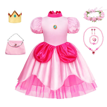 Princess Peach Chiffon Lace Girls Cosplay Dress Baby Kids Vestidos Party Dresses Carnival Halloween Costume for 3-11 years