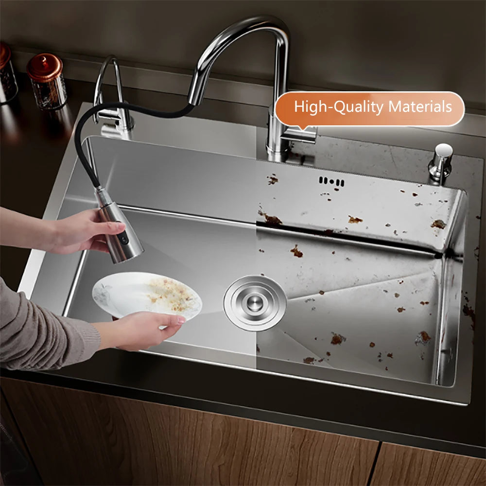 Stainless Steel Kitchen Sink Farmhouse Above Counter Undermounter Single Bowel Wash Basin With Gourmet Faucet Drain Accessories