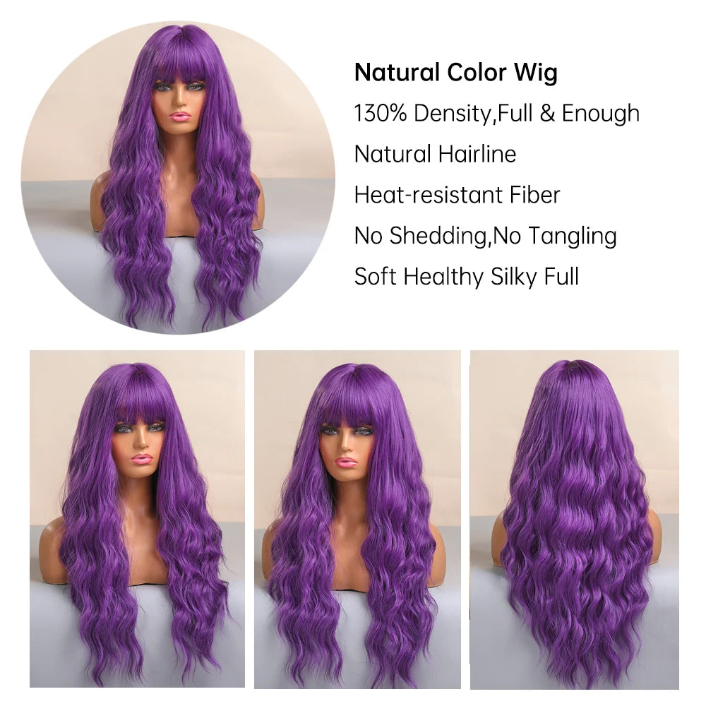 Long Purple Synthetic Body Wavy Wig with Bangs for Black Women Cosplay Party Christmas Halloween Wigs Daily Natural Hair