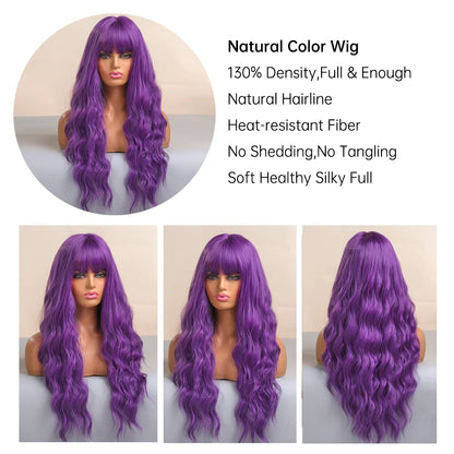 Long Purple Synthetic Body Wavy Wig with Bangs for Black Women Cosplay Party Christmas Halloween Wigs Daily Natural Hair