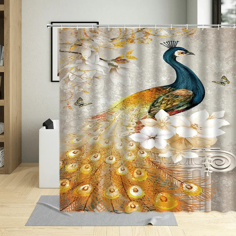 Golden Peacocks Printed Bathroom Set Shower Curtain Waterproof Dream Animal Elegant Bath Screen For Art Decor Curtains With Hook