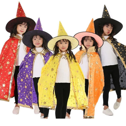 Kids Costume Teens Sparkly Halloween Cloak with Witch Hat Children Outfit Boy Girl Birthday Dress Up Long Party Photography Prop