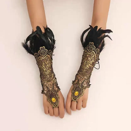 Lace Feather Gloves Holloween Long Gloves Hook Finger Embroidery Mittens Mesh Sleeve Lace Cuff Fingerless Arm Warmer