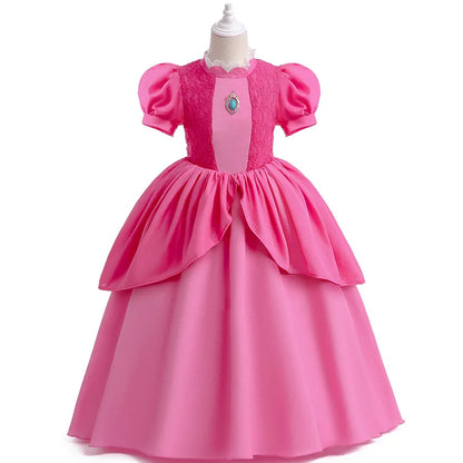 Princess Peach Chiffon Lace Girls Cosplay Dress Baby Kids Vestidos Party Dresses Carnival Halloween Costume for 3-11 years