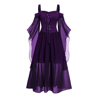 2022 Gothic Medieval Dress Cosplay Carnival Dresses Women Cold Shoulder Butterfly Sleeve Lace Up Halloween Dress Robe Femme