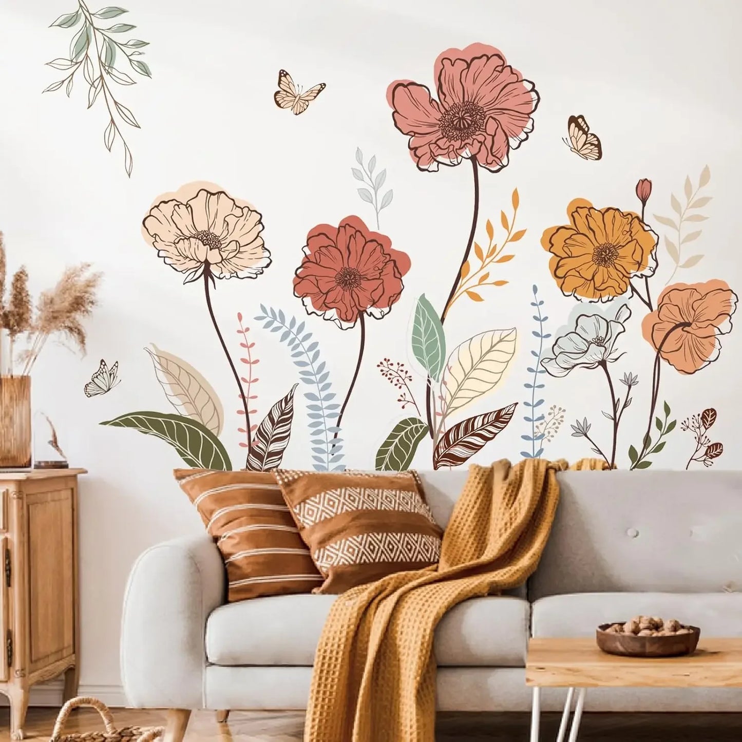 Wondever Boho Flower Wall Stickers Wildflower Floral Grass Peel and Stick Wall Art Decals For Living Room Bedroom TV Wall