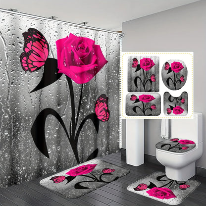 4pcs Elegant Rose Print Shower Curtain Set - Water-Resistant, Decorative Bathroom Ensemble with Non-slip Mats and  - Ideal for