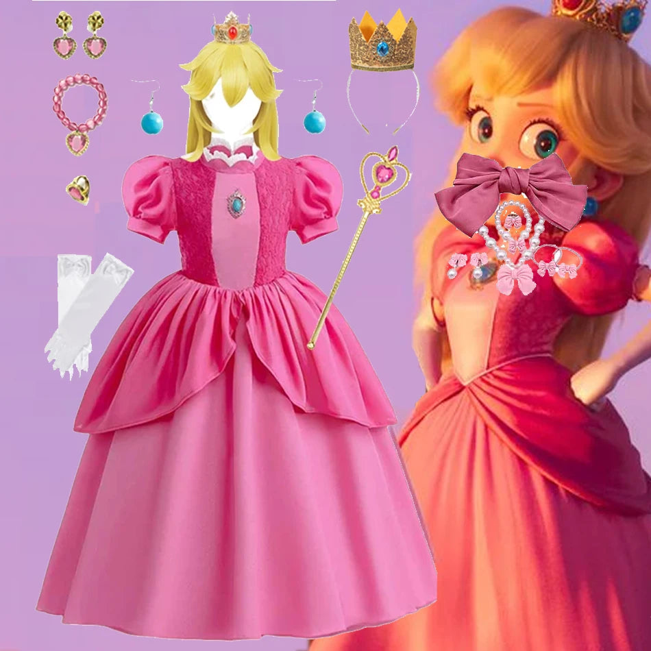 Princess Peach Chiffon Lace Girls Cosplay Dress Baby Kids Vestidos Party Dresses Carnival Halloween Costume for 3-11 years