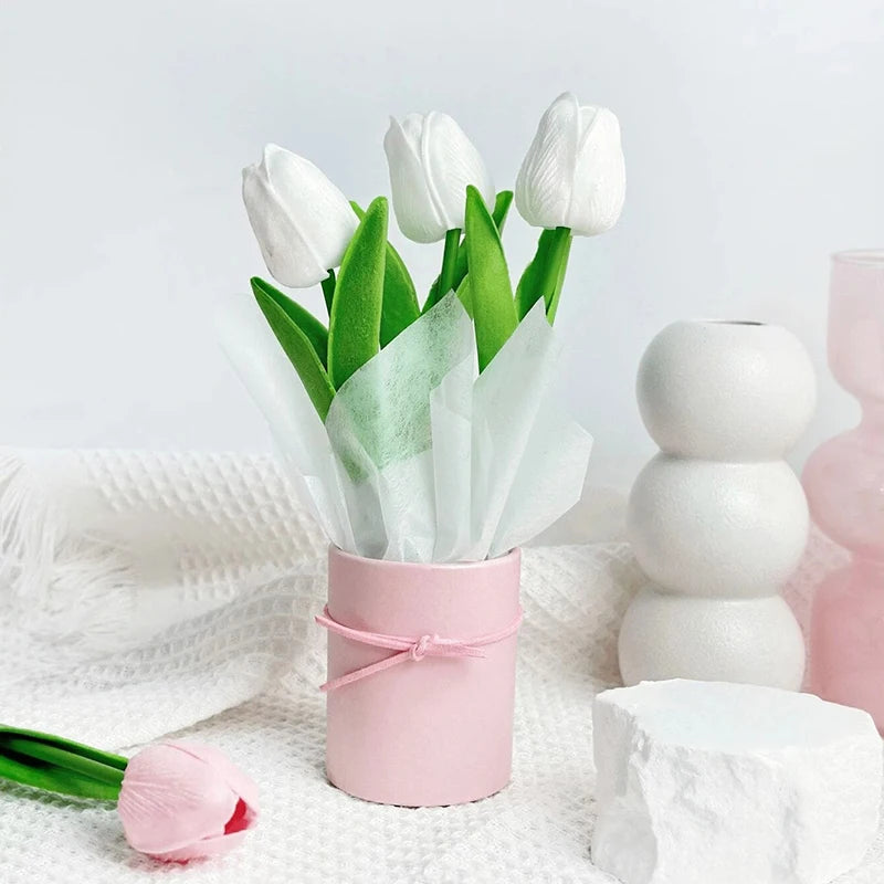 Artificial Tulip Flower Bucket Mini PU Tulip Barrel Packaged Bouquet DIY Fake Tulip Flower Birthday Gifts Car Interior Decor