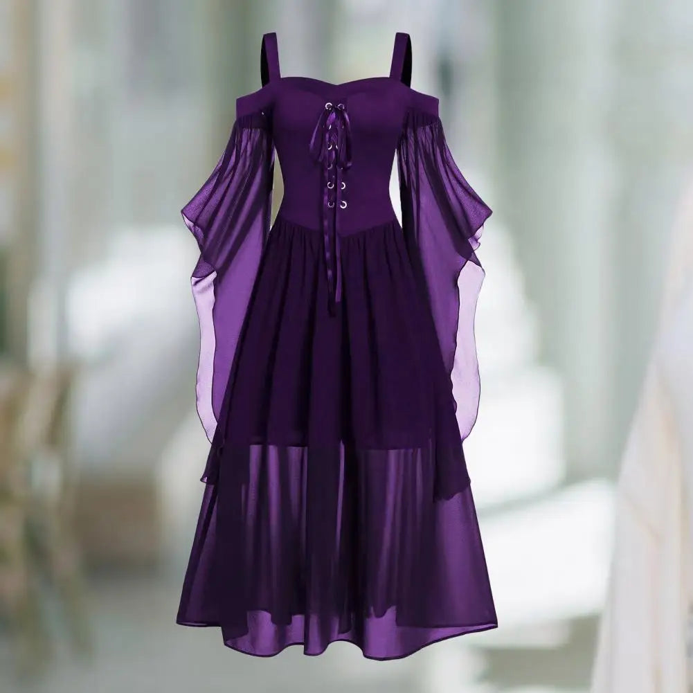 2022 Gothic Medieval Dress Cosplay Carnival Dresses Women Cold Shoulder Butterfly Sleeve Lace Up Halloween Dress Robe Femme