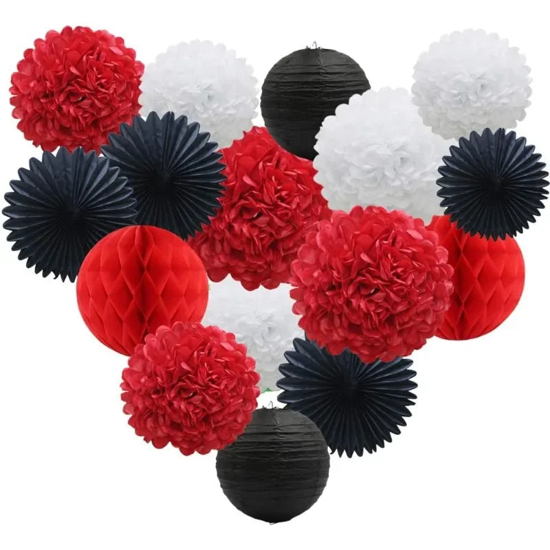 Red White Black Holloween Party Decoration 16pcs Paper Pom Poms Honeycomb Balls Lanterns Tissue Fans for Ladybird Birthday Party