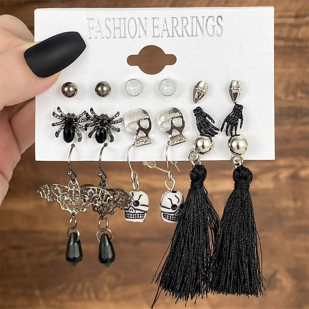 FNIO Christmas Halloween Earring Set Women Bat Pumpkin Lamp Spider Web Skeleton Ghost Cross Pendant Ear Studs Jewelry