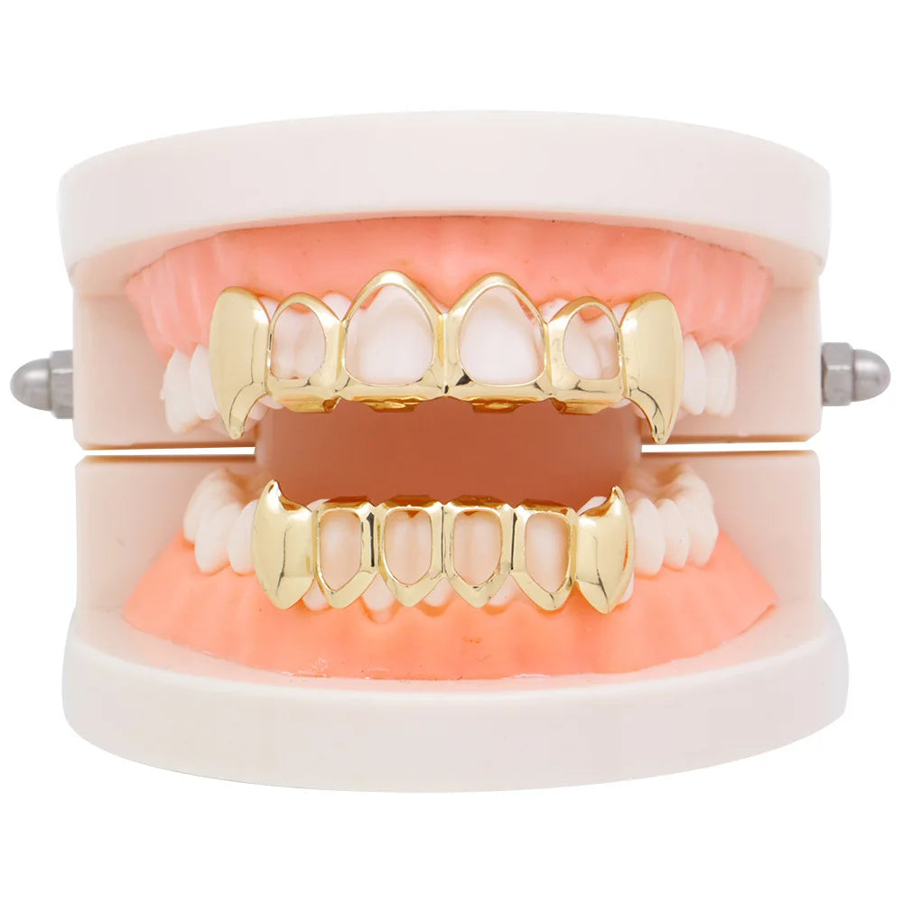 Hip-hop copper gilded small tiger teeth hollow braces men and women the same vampire fangs Halloween dentures props accessories