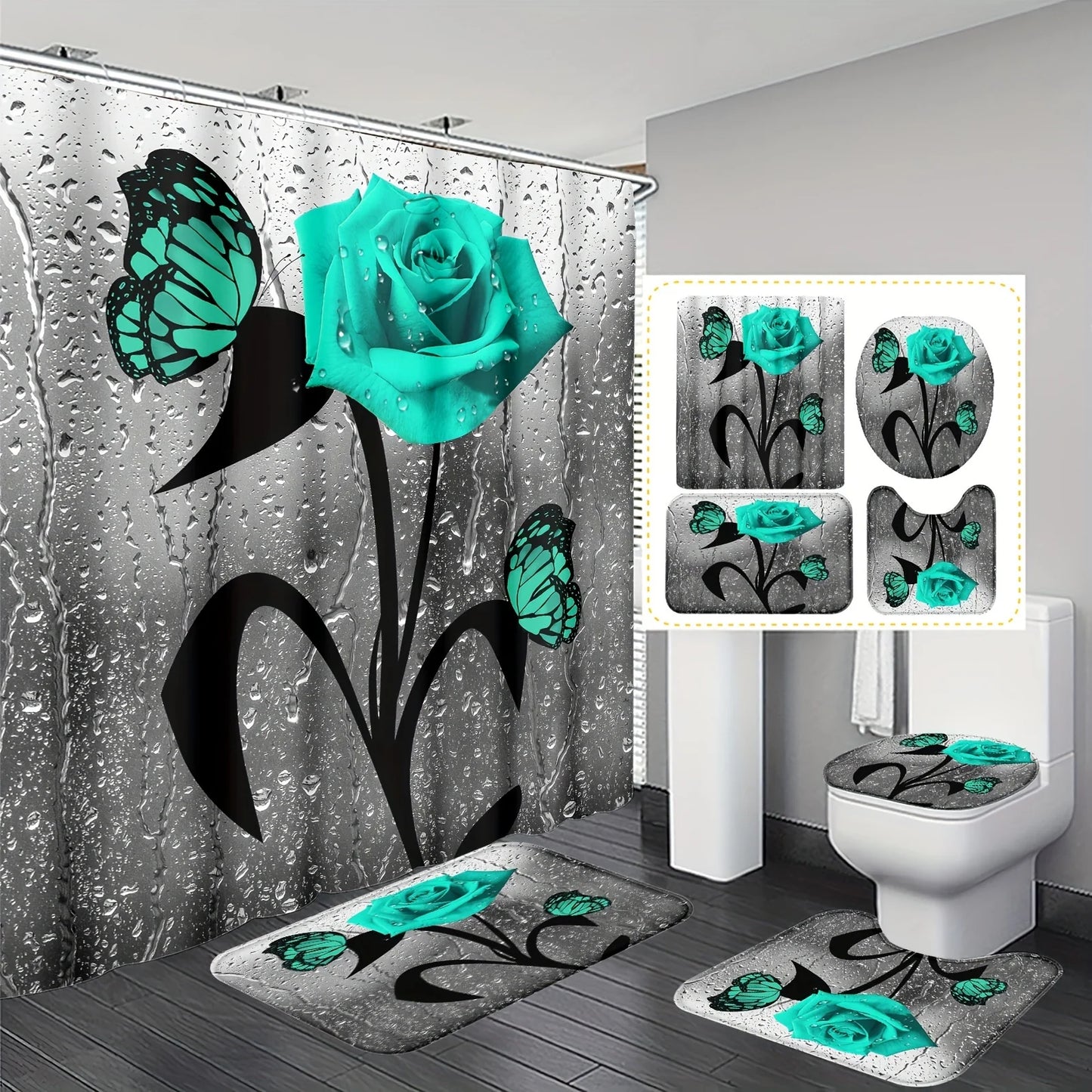 4pcs Elegant Rose Print Shower Curtain Set - Water-Resistant, Decorative Bathroom Ensemble with Non-slip Mats and  - Ideal for