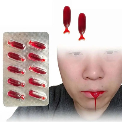 10Pcs Realistic Fake Blood Pills Prank Toy Hematemesis Capsules Halloween April Fools Day Party Props Funny Scary Vampire Supply