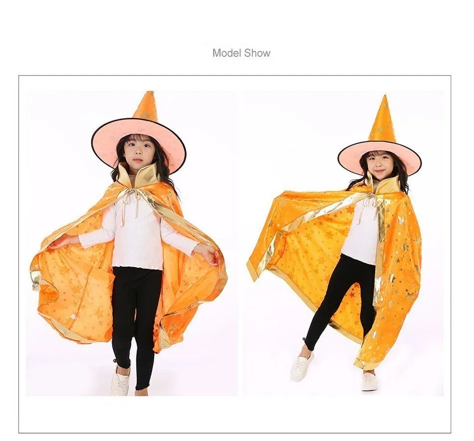 Kids Costume Teens Sparkly Halloween Cloak with Witch Hat Children Outfit Boy Girl Birthday Dress Up Long Party Photography Prop