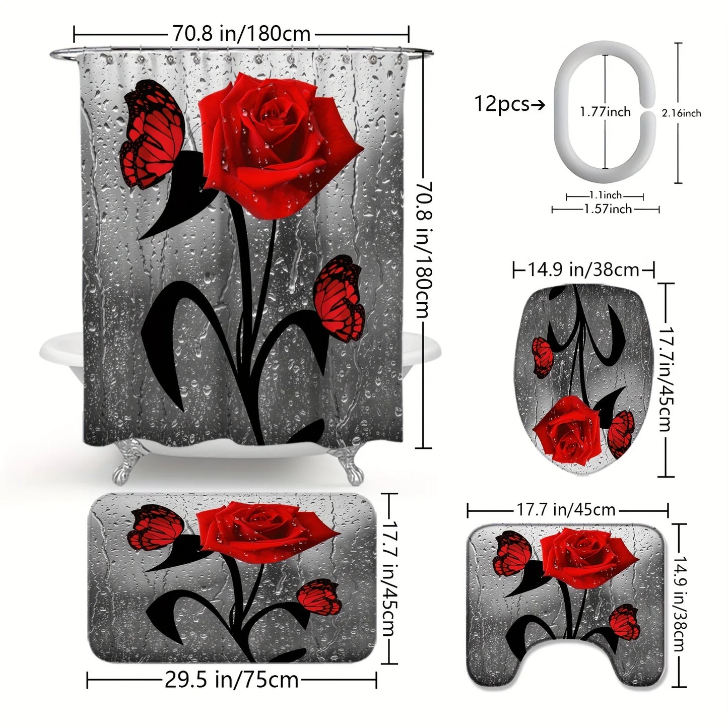 4pcs Elegant Rose Print Shower Curtain Set - Water-Resistant, Decorative Bathroom Ensemble with Non-slip Mats and  - Ideal for