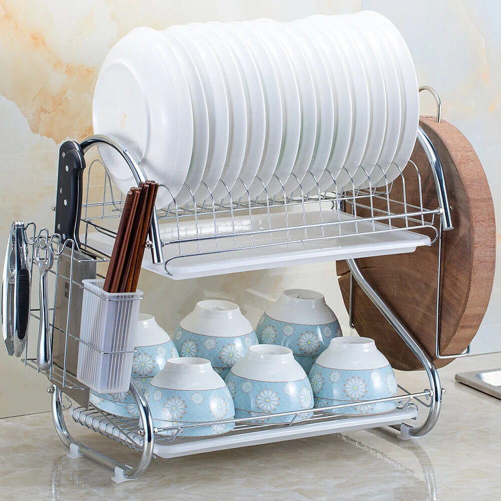 Dish Drying Rack Stainless Steel Dish Rack for Kitchen 2 Tier Rust- Proof Dish Drainer with Drying Board and Dishwasher