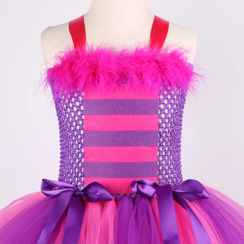 Cheshire Cat Tutu Dress Girls Halloween Carnival Party Clothes Wonderland Alice Cat Costume Kids Fancy Fairy Tale Princess Dress