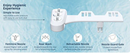 Toilet Seat Bidet with Self Cleaning Dual Nozzle, Hot and Cold Water Spray Non-Electric Mechanical Bidet Toilet Attachment for Rear or Female Washing Sanitizing