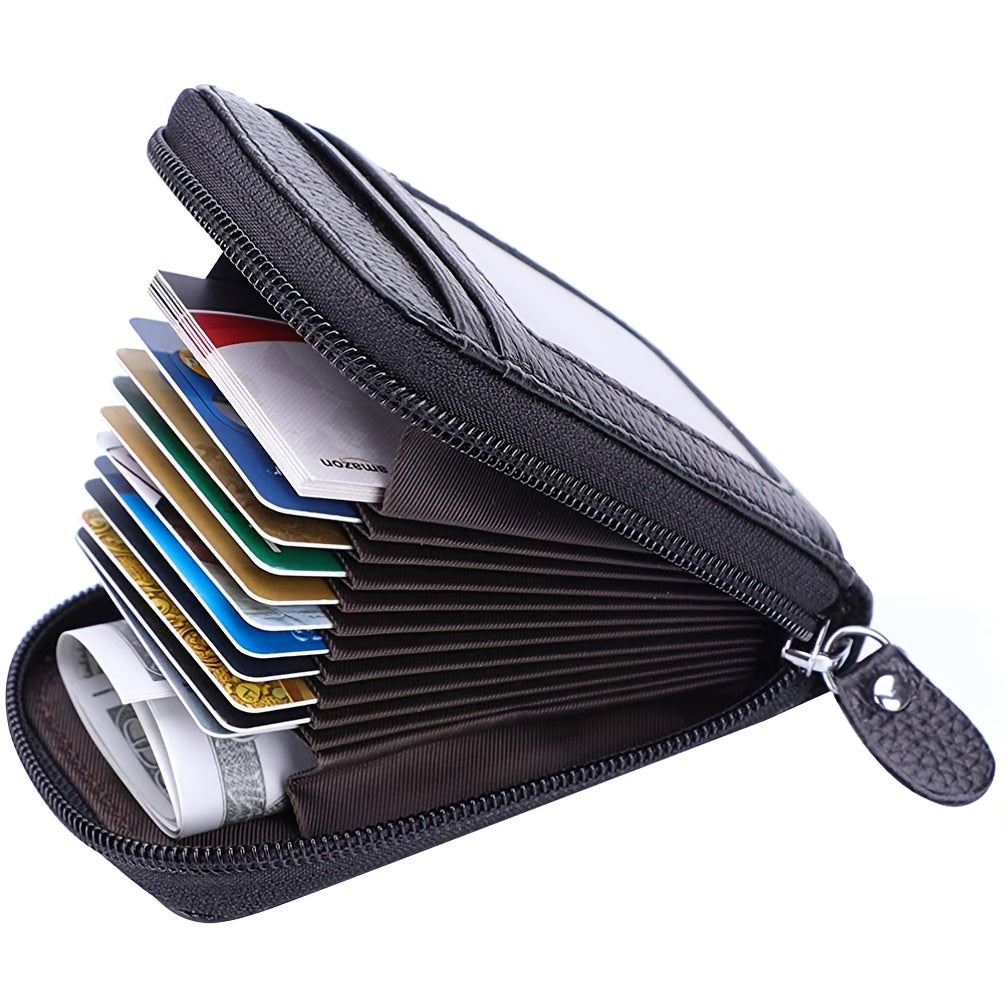 Luxury Leather RFID Credit Card Wallet with Zipper - Secure, Spacious, and Stylish Holder for Men - Genuine Leather, Anti-Theft Protection, Multiple Card Slots, and Classic Design