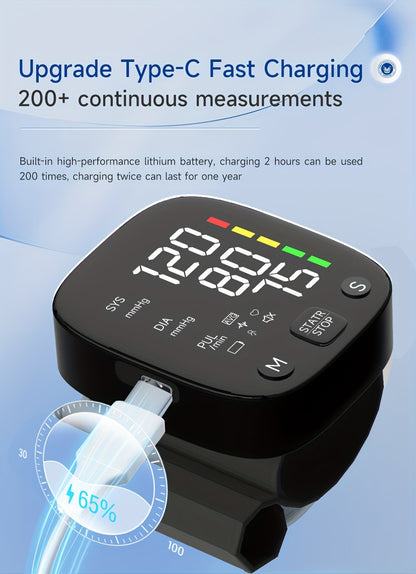 1pc LED Rechargeable Wrist Blood Pressure Monitor, Intelligent Voice Broadcast, With Storage Box (Built-in Lithium Battery)